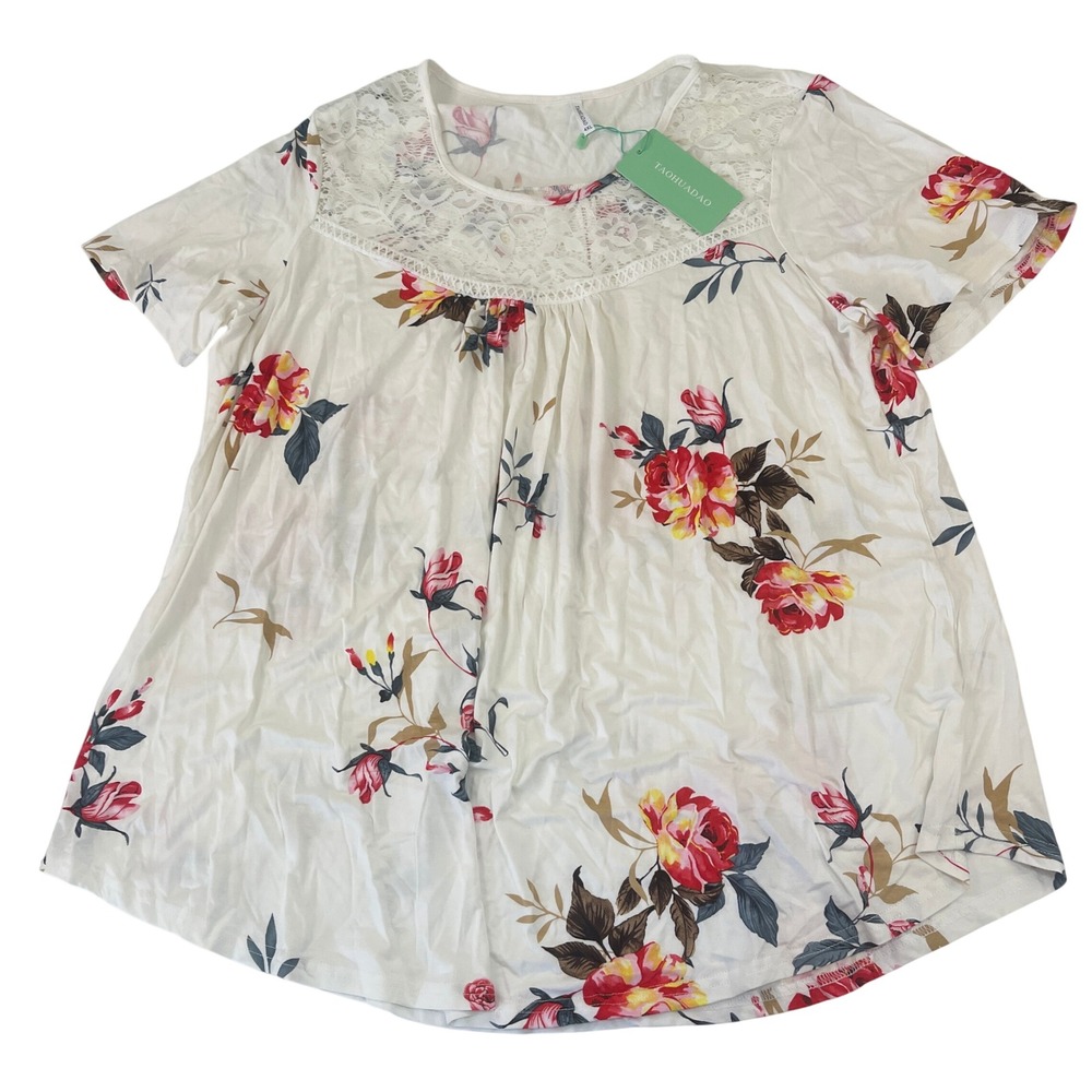 NWT TAOHUADAO Womens 4XL Floral Lace Yoke Short Sleeve Blouse Flowy Soft PLUS